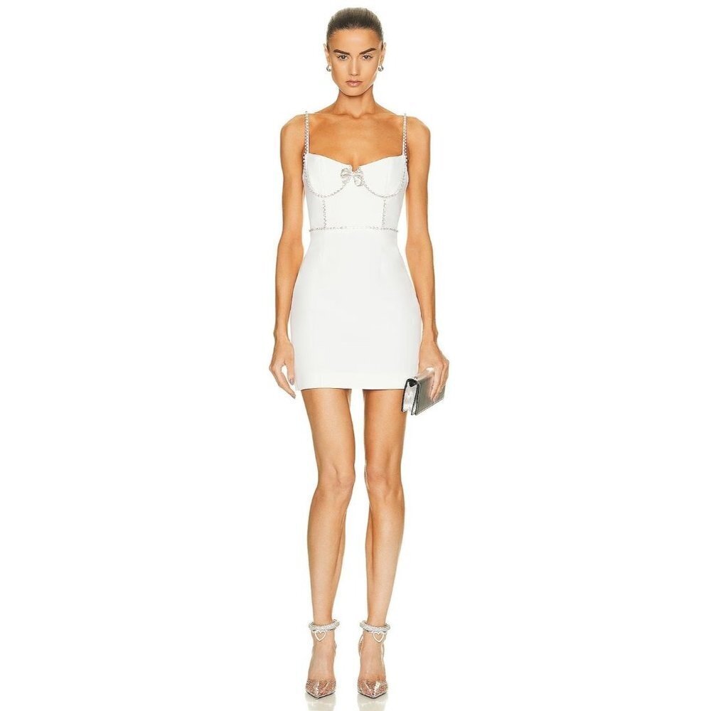 self-portrait White Crepe Bow Mini Dress in White New Womens Bridal Crystals